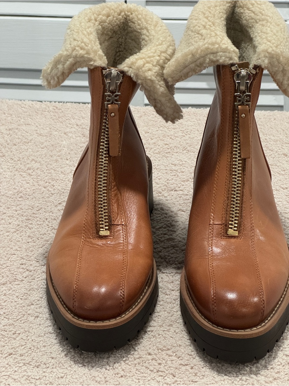 Sam Edelman Shearling Leather Lug Sole Boots Women’s 9 Tan Zip Winter
